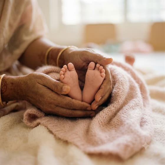 Close-up of a caregiver's hands gently holding a baby's feet at Tiny Cradle infant care