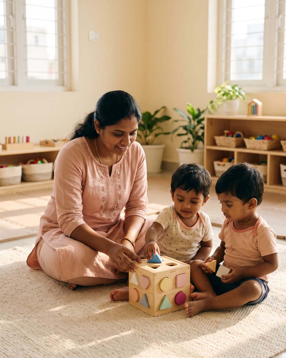 Caregiver sitting on the floor playing with two toddlers in a sunlit room at Tiny Cradle, Puducherry